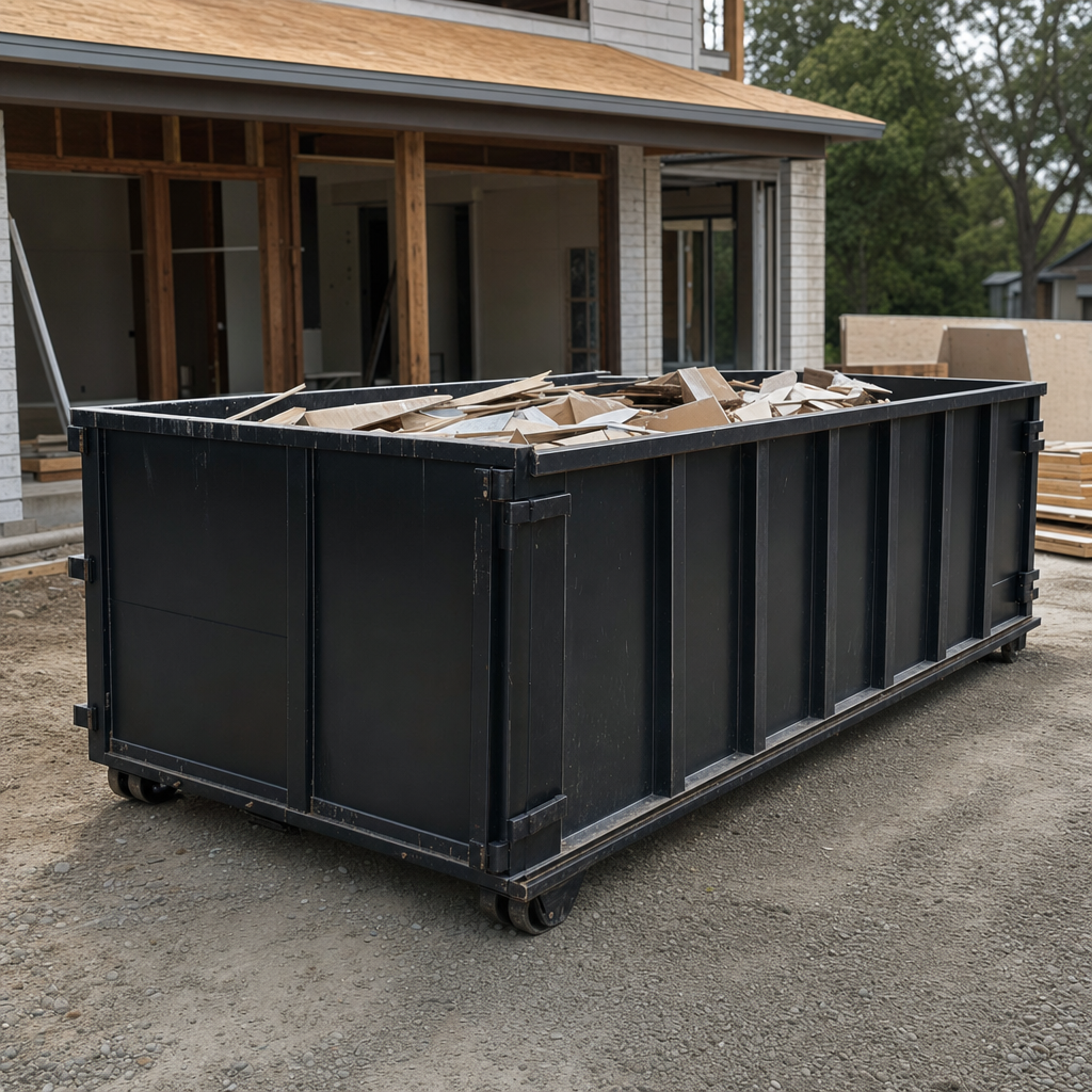 Large matte-black 30-yard construction roll-off dumpster at an active Tremonton jobsite, steel-gray top rails and bottom rollers visible, loaded with construction debris.