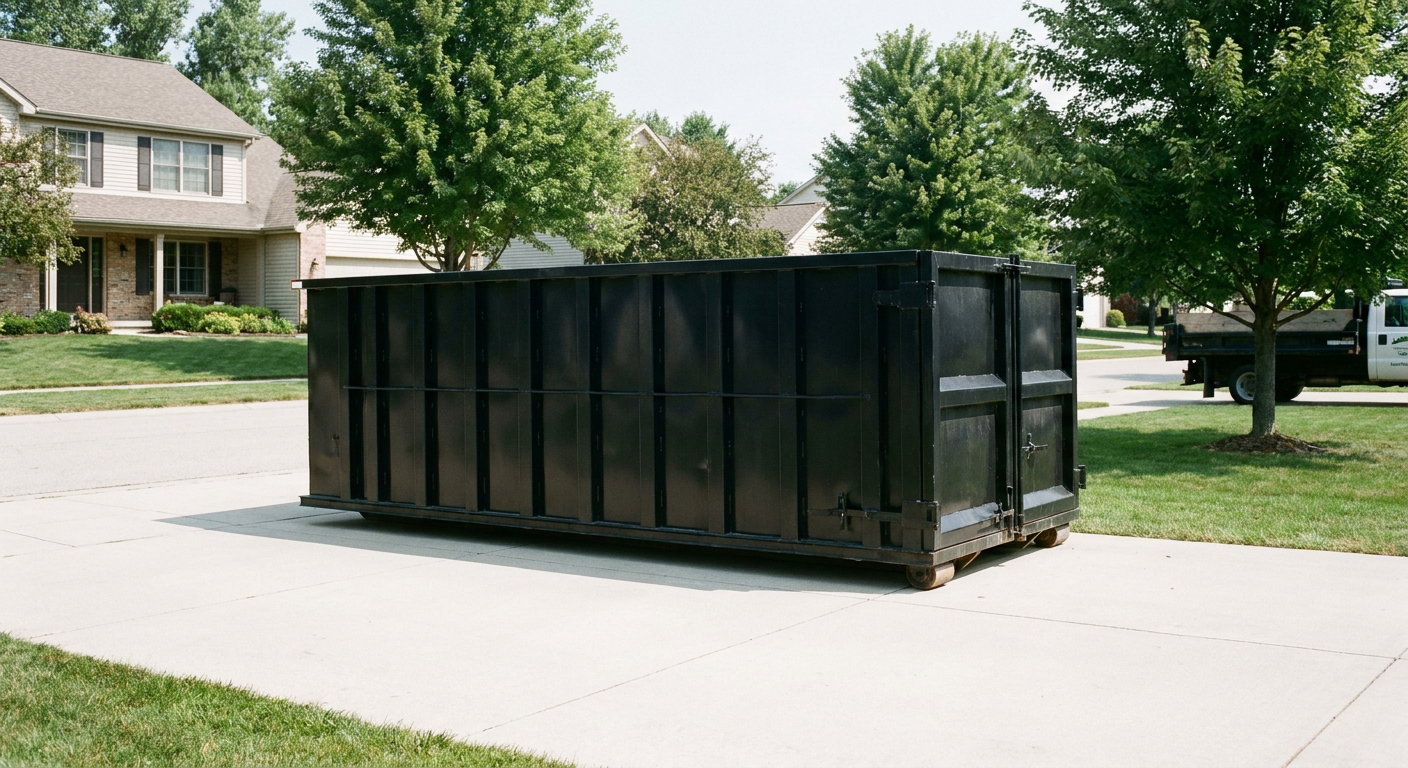 Matte-black 20-yard roll-off dumpster sitting level on a clean Tremonton residential concrete driveway under bright daylight, demonstrating clean placement directly on the concrete.