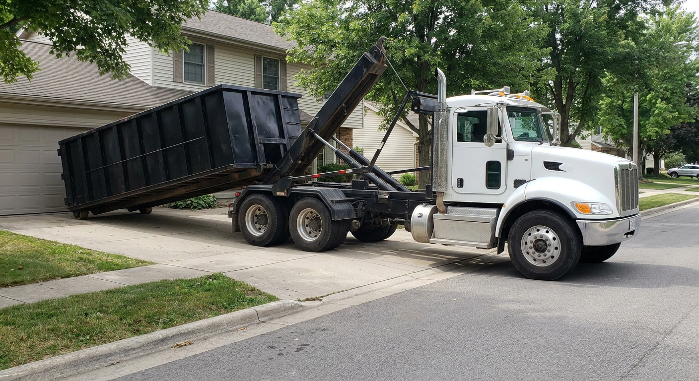 White-cab hooklift roll-off truck actively lowering a matte-black dumpster onto a Tremonton residential concrete driveway, the dumpster's rear wheels touching the driveway as the hoist arm tilts the bed forward, mid-morning daylight.