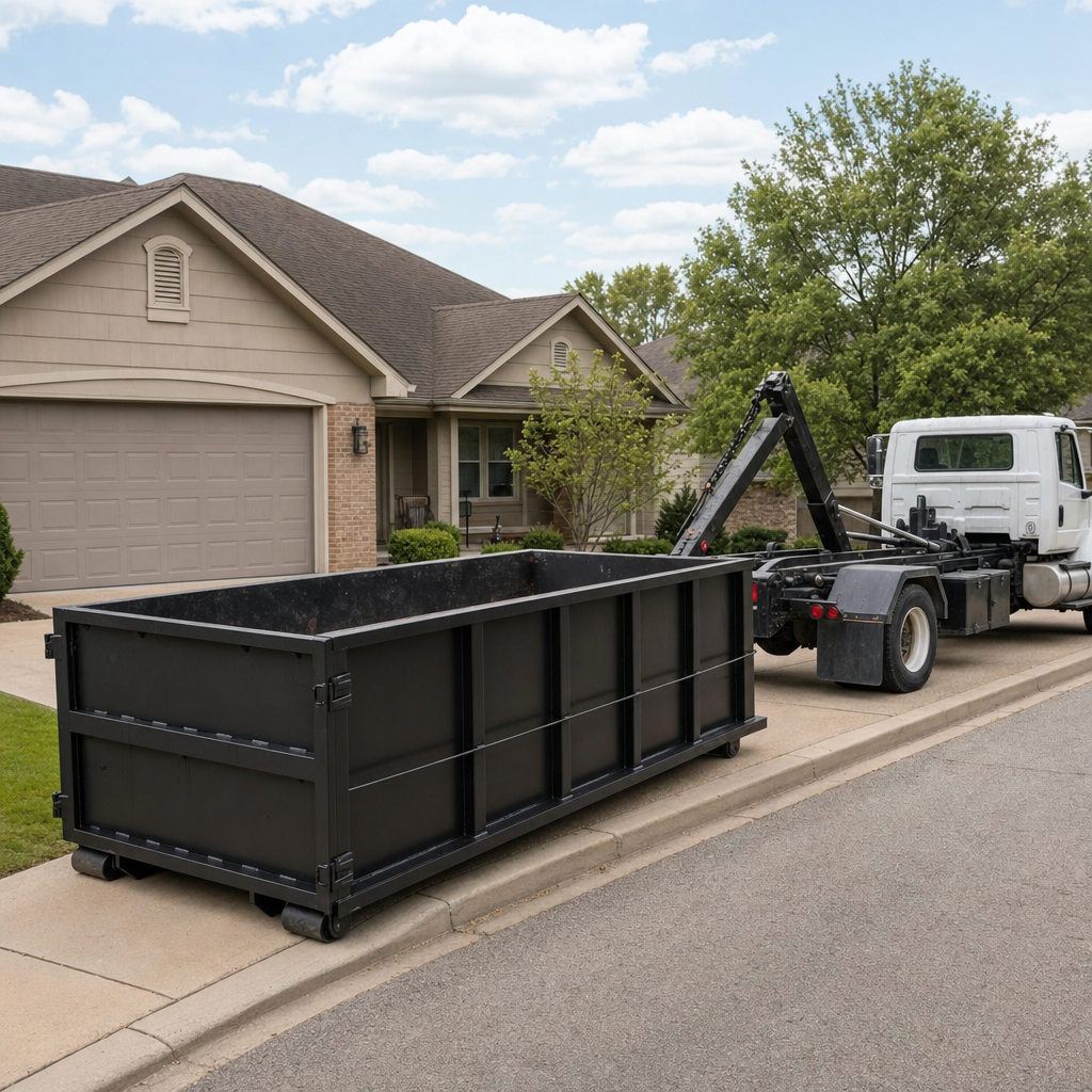 Wide documentary shot of a matte-black roll-off dumpster on a Tremonton residential driveway in the foreground and a contractor jobsite container in the soft-focus background, bright daylight, calm and orderly composition.